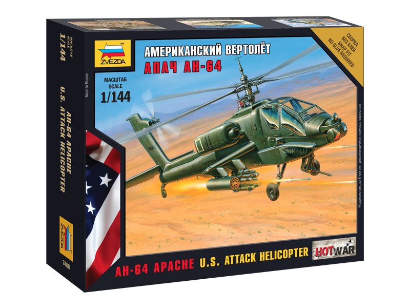 Plastikový model vrtulníku Zvezda 7408 Snap Kit AH-64 Apache U.S. Attack Helicopter 1:144